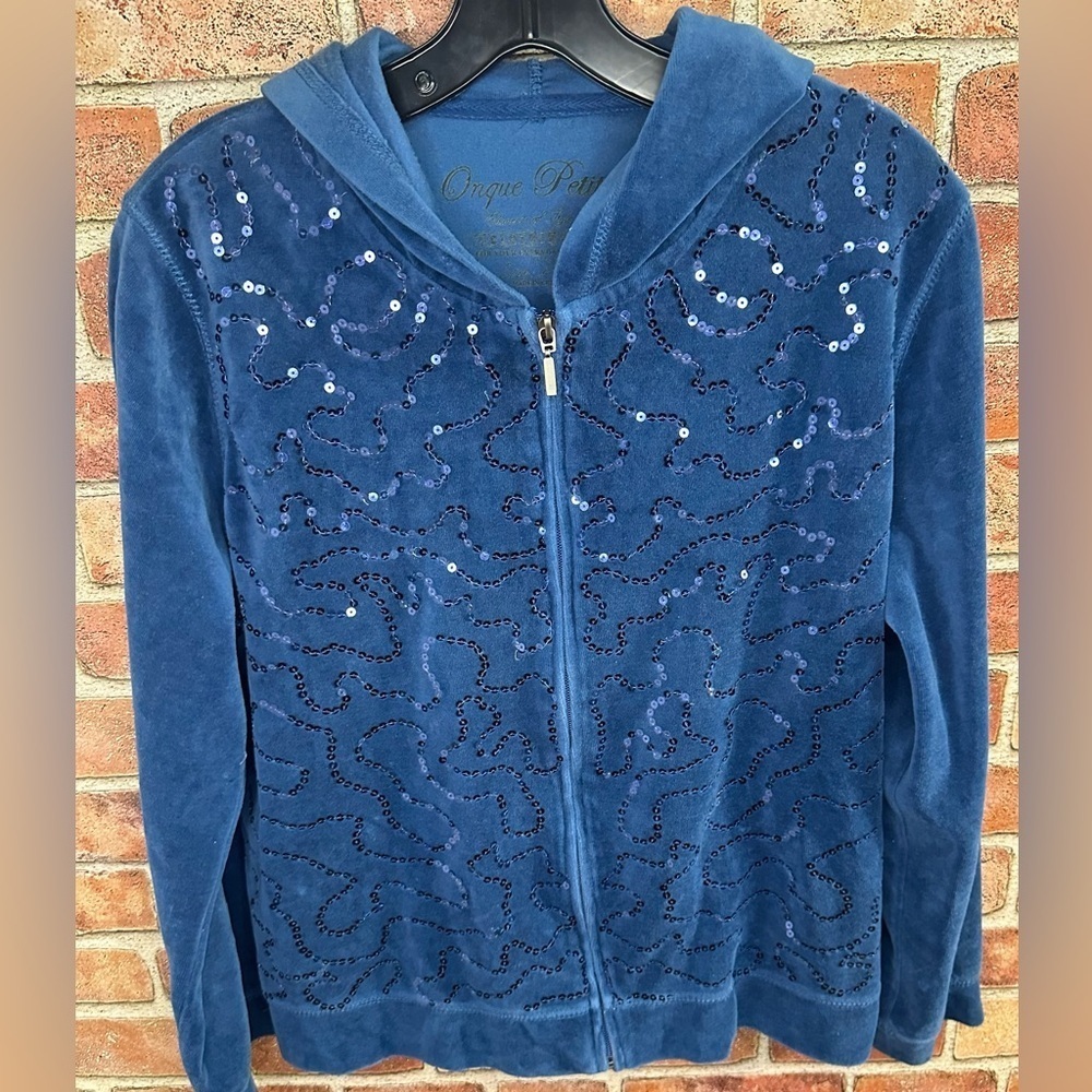 embellished sparkly blue velour zip up hoodie sweatshirt sz PXL by Onque Casuals